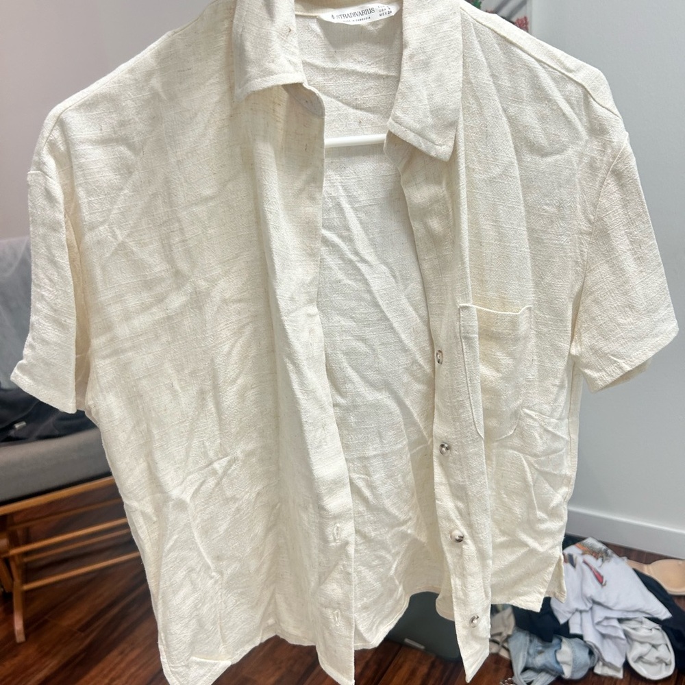 Stradivarius Cream Button Down Shirt Short Sleeve